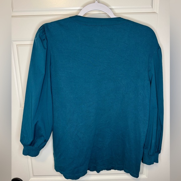 Chico’s Teal Rib Knit Woven 3/4 Puff Sleeve Top, size 2 (Large) - Picture 4 of 9